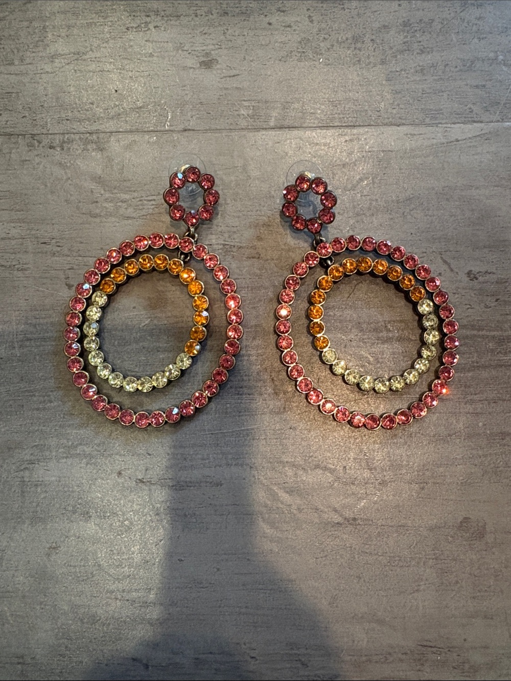 Multi-Color Crystal Hoop Drop Earrings - Pink, Orange & Clear